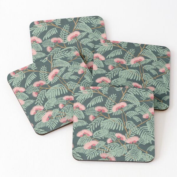 Item preview, Pink mimosa blooming trees Dark teal background designed and sold by trefail.