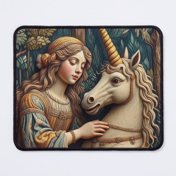 Item preview, A Maiden Tending to a Unicorn Medieval Tapestry inspired illustration art designed and sold by Vintage Designs +.