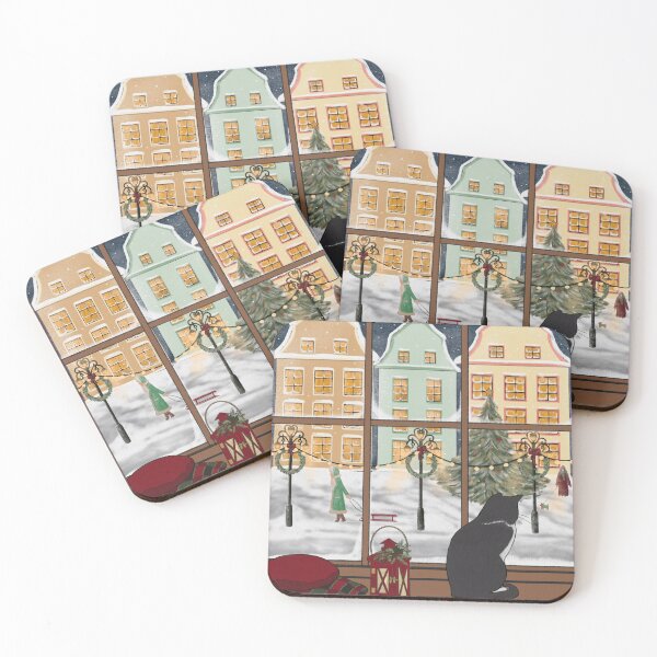 Item preview, White Christmas Wishes Cat and festive winter town window view  Illustration Greeting card style designed and sold by trefail.
