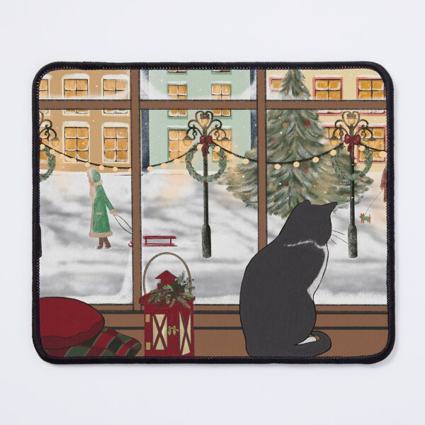 Item preview, White Christmas Wishes Cat and festive winter town window view Illustration Greeting card style designed and sold by trefail.