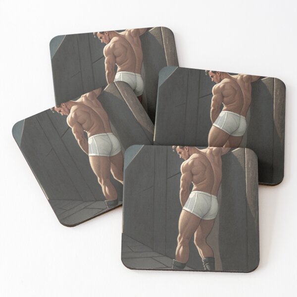 Item preview, Muscular man posing agains a wall - vintage poster illustration designed and sold by gayishdesign.
