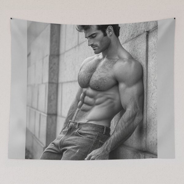 Item preview, Fit classic male posing against wall and looking down designed and sold by gayishdesign.