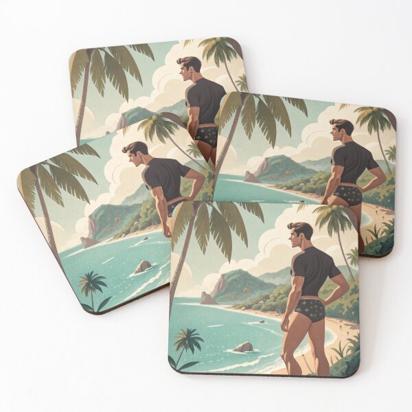 Artikelvorschau, Ein hübscher Kerl an einem tropischen Strand – Vintage-Reiseplakatstil entworfen und verkauft von gayishdesign.