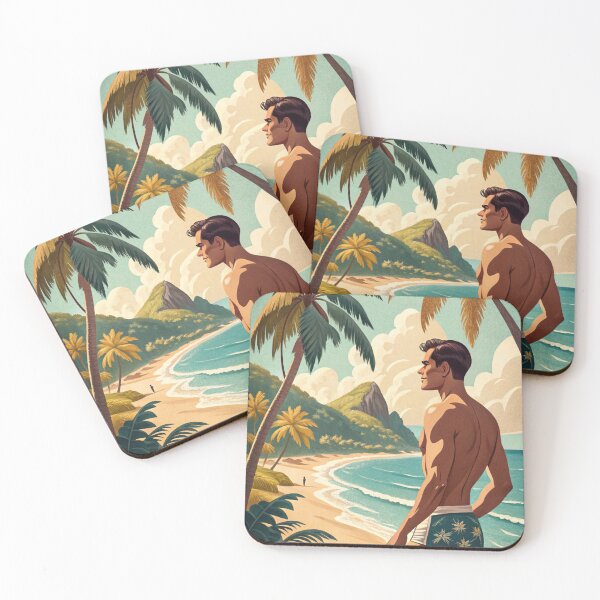 Artikelvorschau, Ein hübscher Kerl an einem tropischen Strand – Vintage-Reiseplakatstil entworfen und verkauft von gayishdesign.