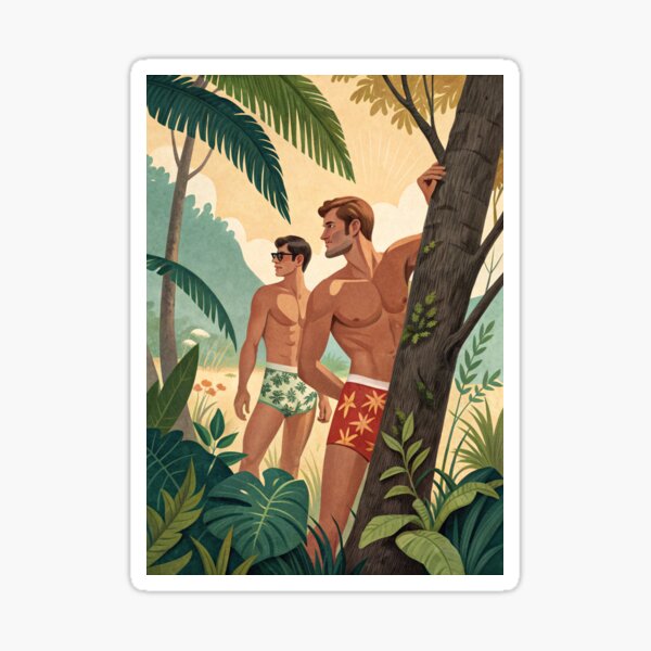 Aperçu de l'œuvre Deux hommes en quête d'amour dans une forêt - style affiche de voyage vintage créée et vendue par gayishdesign.