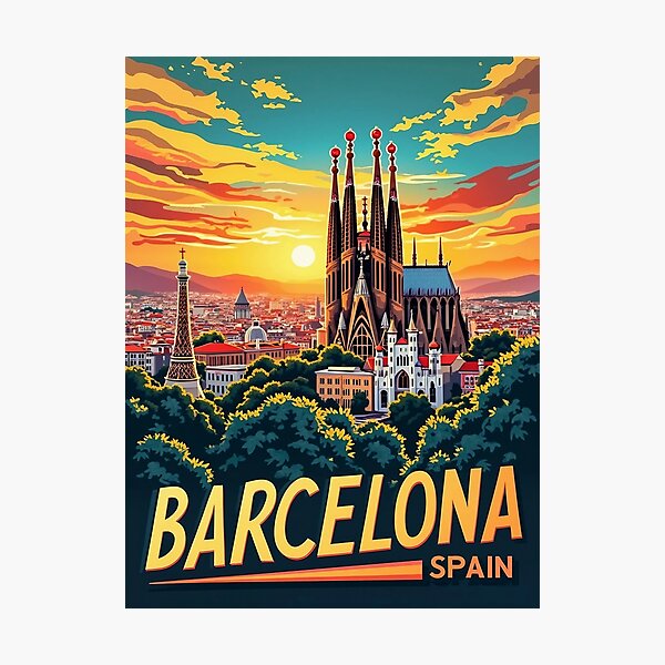 Item preview, Vibrant Barcelona Skyline | Retro Pop Art Poster | Iconic Spanish Cityscape | Bold Barcelona Artwork | Colorful Urban Illustration designed and sold by PaintedPixels01.