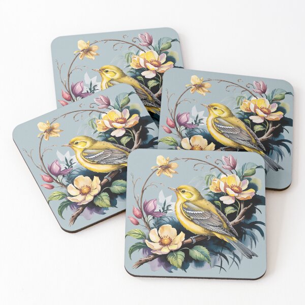Item preview, Yellow Warbler with Wild Garden Flowers designed and sold by BirdsnStuff.