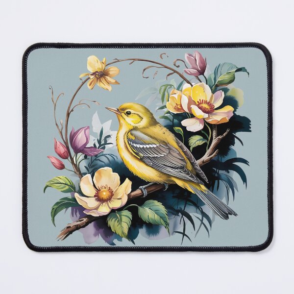 Item preview, Yellow Warbler with Wild Garden Flowers designed and sold by BirdsnStuff.