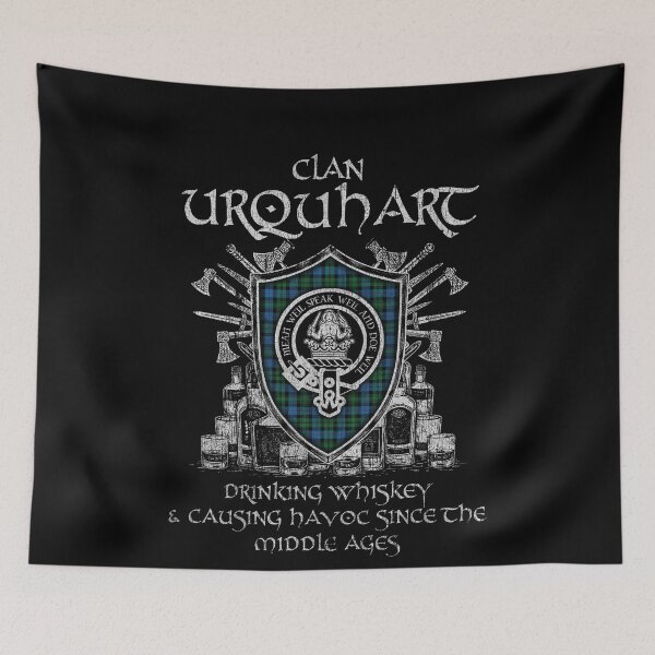 Item preview, Clan Urquhart drinking whiskey and causing havoc heritage crest tartan plaid designed and sold by Clan1093.