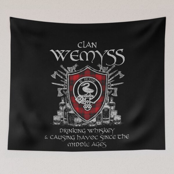 Item preview, Clan Wemyss drinking whiskey and causing havoc heritage crest tartan plaid designed and sold by Clan1093.