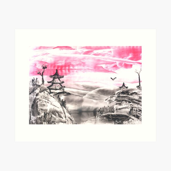 Item preview, Pink landscape with nature and architecture. Siheyuan house. Art, painting. Encaustic, art decoration, sketch. Illustration hand drawn modern, hot wax new designed and sold by grafinya.