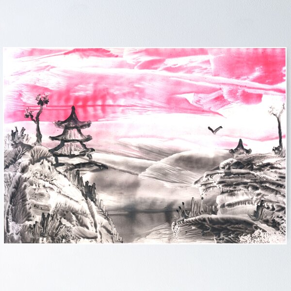 Item preview, Pink landscape with nature and architecture. Siheyuan house. Art, painting. Encaustic, art decoration, sketch. Illustration hand drawn modern, hot wax new designed and sold by grafinya.