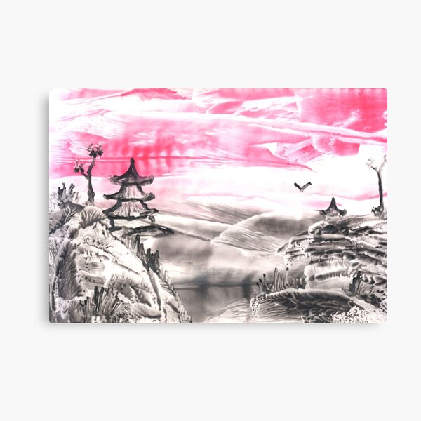 Item preview, Pink landscape with nature and architecture. Siheyuan house. Art, painting. Encaustic, art decoration, sketch. Illustration hand drawn modern, hot wax new designed and sold by grafinya.