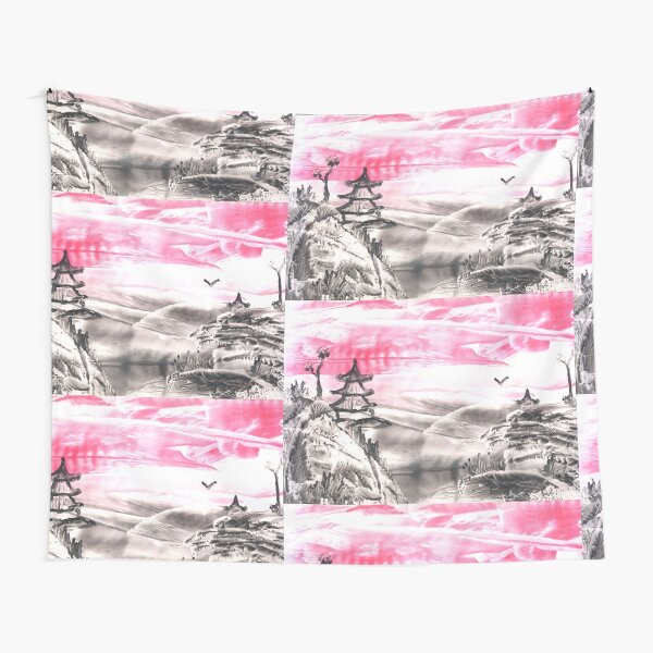 Item preview, Pink landscape with nature and architecture. Siheyuan house. Art, painting. Encaustic, art decoration, sketch. Illustration hand drawn modern, hot wax new designed and sold by grafinya.