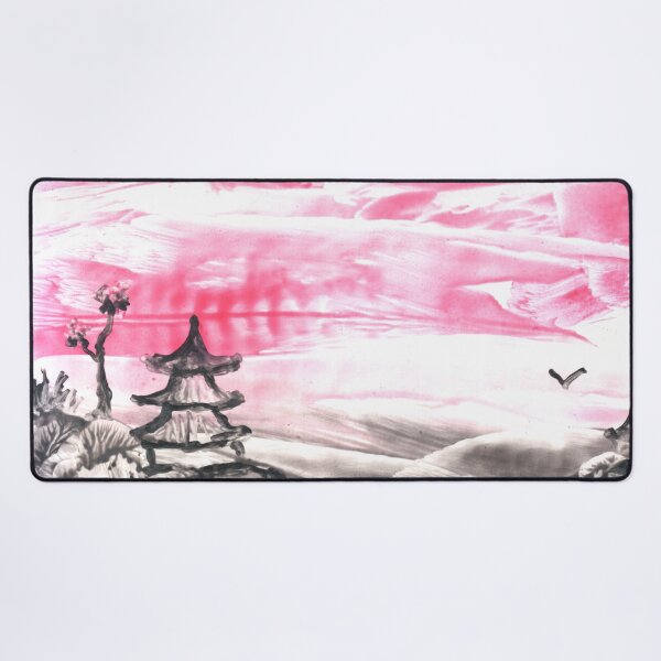 Item preview, Pink landscape with nature and architecture. Siheyuan house. Art, painting. Encaustic, art decoration, sketch. Illustration hand drawn modern, hot wax new designed and sold by grafinya.