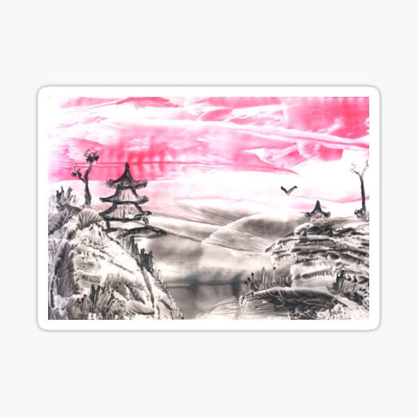Item preview, Pink landscape with nature and architecture. Siheyuan house. Art, painting. Encaustic, art decoration, sketch. Illustration hand drawn modern, hot wax new designed and sold by grafinya.