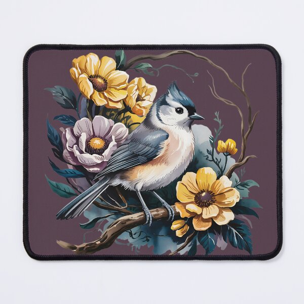 Item preview, Tufted Titmouse with Wild Blossoms designed and sold by BirdsnStuff.