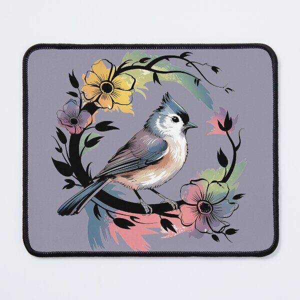 Item preview, Watercolor Tufted Titmouse in Floral Wreath designed and sold by BirdsnStuff.