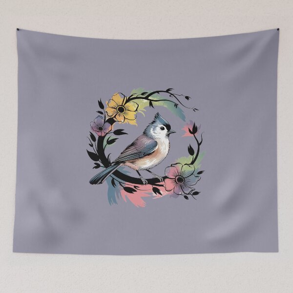 Item preview, Watercolor Tufted Titmouse in Floral Wreath designed and sold by BirdsnStuff.