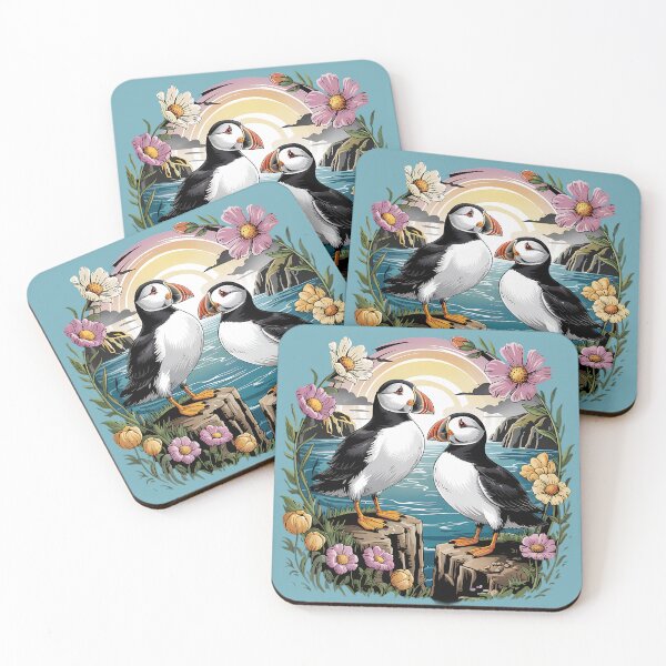 Item preview, Atlantic Puffin Pair on Coastal Cliffs at Sunset designed and sold by BirdsnStuff.