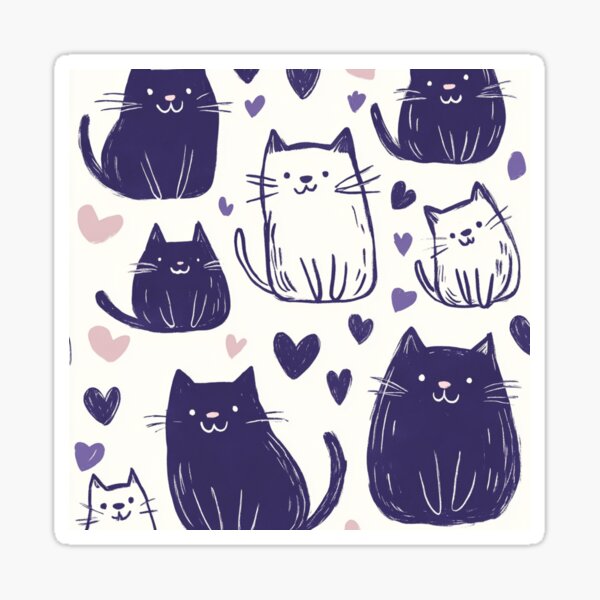 Cute Doodle Cats with Hearts – Playful Purple and White Cat Design Sticker