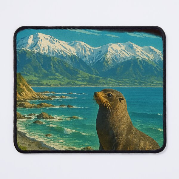 Item preview, New Zealand Fur Seal with Kaikōura Mountains in Background designed and sold by Aryabek.
