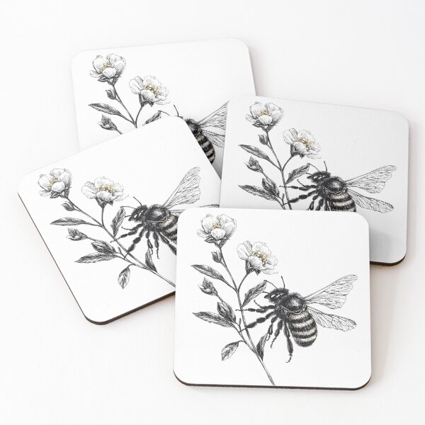 Item preview, Vintage Bee and Wildflower Illustration - Black and White Botanical Insect Art Print designed and sold by Kollibri.