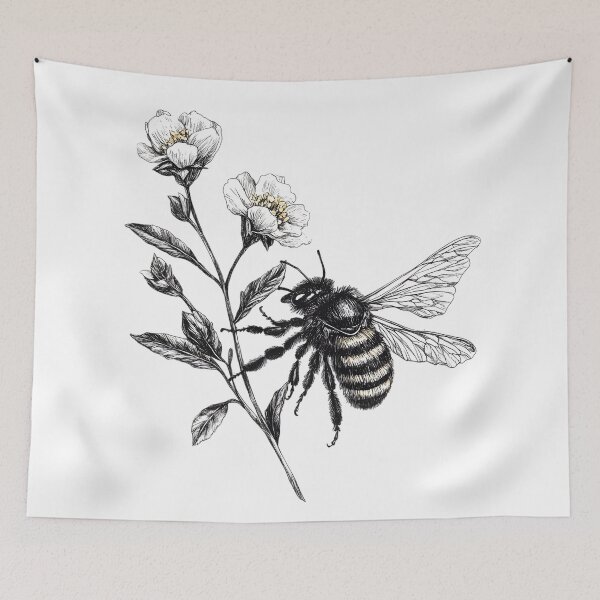 Item preview, Vintage Bee and Wildflower Illustration - Black and White Botanical Insect Art Print designed and sold by Kollibri.