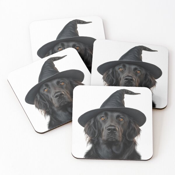 Item preview, Flat Coated Retriever Dog Wearing Halloween Witch Hat designed and sold by LazyOwlStore.