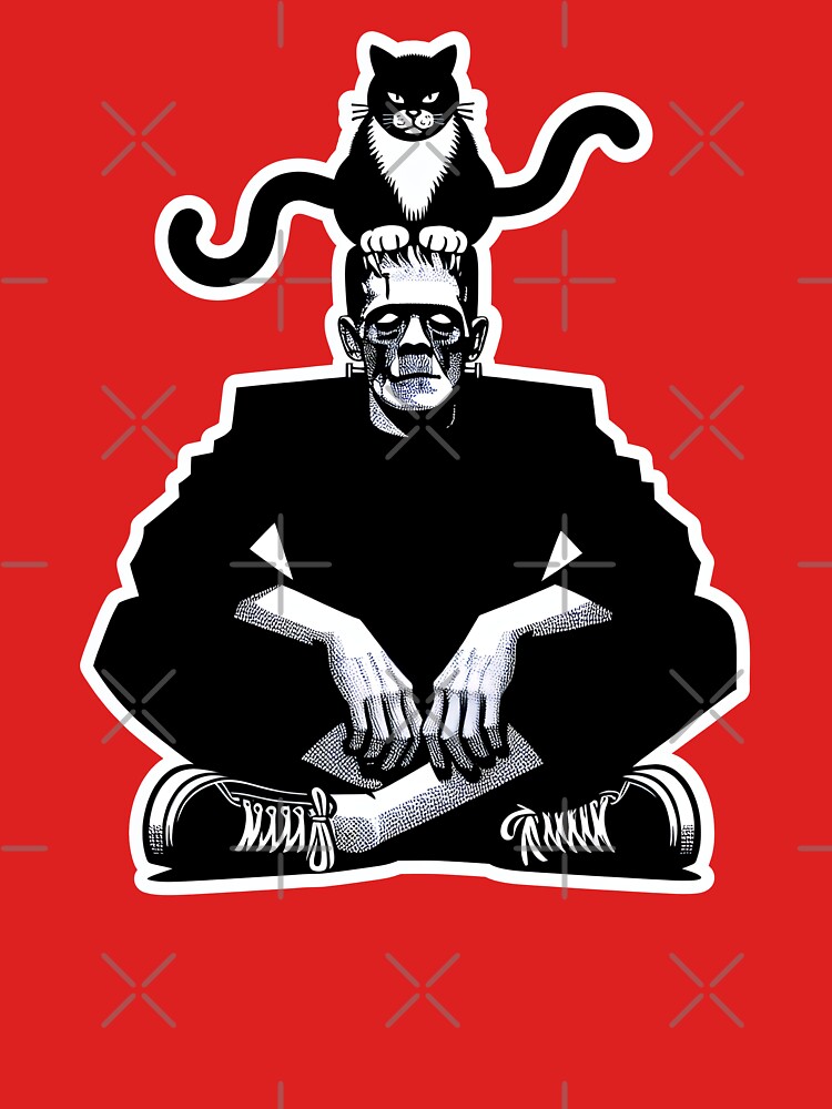 Thumbnail 7 von 7, Classic T-Shirt, Frankenstein mit Katze am Kopf designt und verkauft von Kobeko.