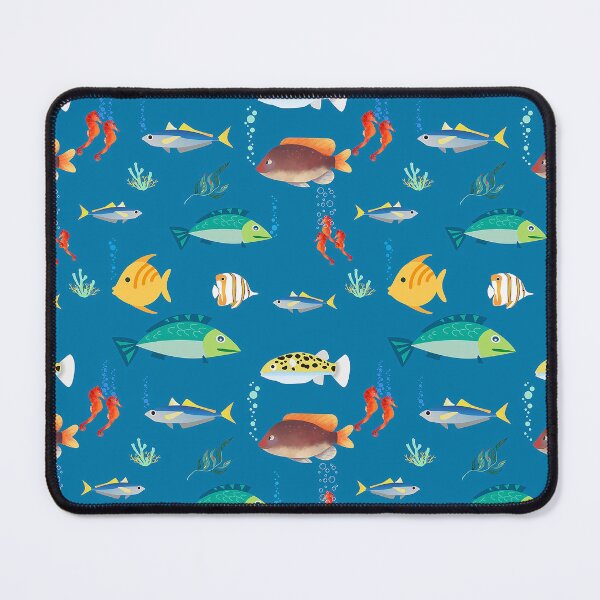 Item preview, llustration of colourful swimming fish and seahorses on a blue background. designed and sold by claireseyeview.