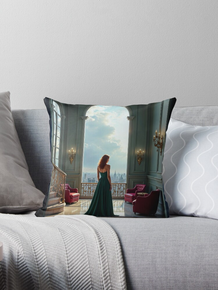 An Elegant Woman In Green, Within A Grand Serene Space Graceful AI Concept Art by Xzendor7 Decorative Art Print Throw Pillow