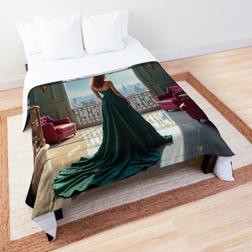 An Elegant Woman In Green, Within A Grand Serene Space Graceful AI Concept Art by Xzendor7 Decorative Art Print Comforter