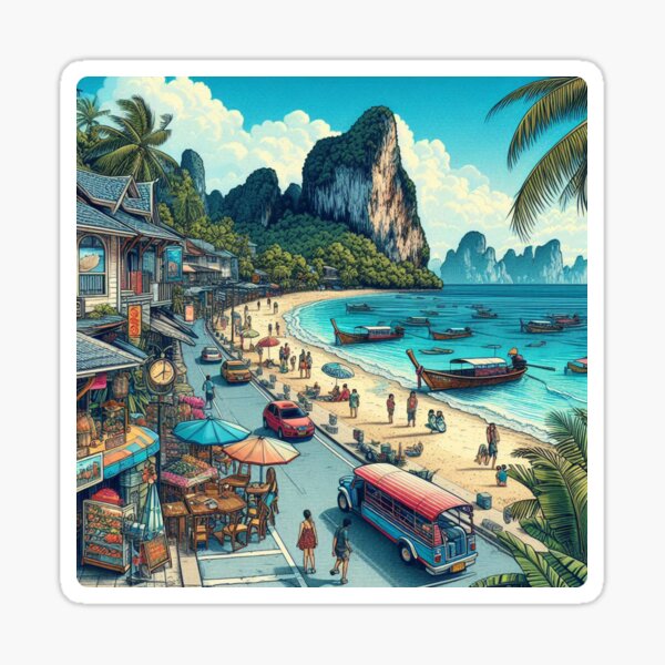 Vista previa del artículo con la obra «Diseño del mercado de Krabi: coloridas ilustraciones de IA para ropa, accesorios y moda inspirada en viajes por la costa tailandesa», diseñado y vendido por knalpot-design.