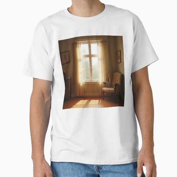 Item preview, A cozy corner featuring a vintage wooden chair beside a sun-drenched window. designed and sold by lizma1806.