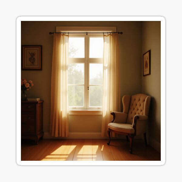 Item preview, A cozy corner featuring a vintage wooden chair beside a sun-drenched window. designed and sold by lizma1806.