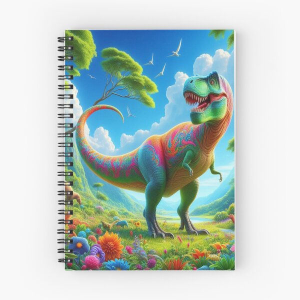 Item preview, Colorful dinosaur in a vibrant landscape with flowers and flying birds designed and sold by FotoworldEdel.