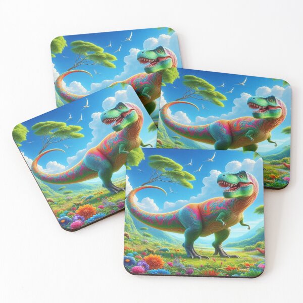 Item preview, Colorful dinosaur in a vibrant landscape with flowers and flying birds designed and sold by FotoworldEdel.