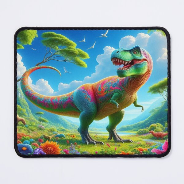 Item preview, Colorful dinosaur in a vibrant landscape with flowers and flying birds designed and sold by FotoworldEdel.