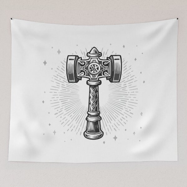 Item preview, Black and white Thor's Hammer Mjolnir, Ancient hammer of Thor Mjolnir Vintage Norse Mythology Design Artwork, The hammer of the Scandinavian god Thor, Ornate Metal Hammer with a Wooden Handle designed and sold by Danler.
