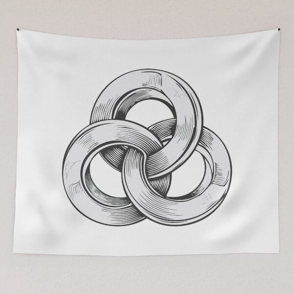 Item preview, Black and white abstract of three interconnected circles, creating a knot-like form against, Three rings intersect, Three linked circles, Three connected circles, Three intertwined circles designed and sold by Danler.
