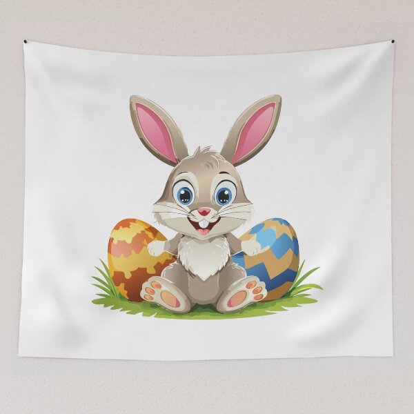 Item preview, Cartoon smiling Easter bunny sitting between two Easter eggs designed and sold by Danler.