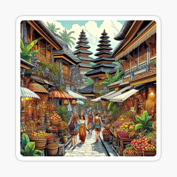Vista previa del artículo con la obra «Diseño del mercado de Ubud, Bali: vibrantes ilustraciones de IA para ropa, accesorios y moda tropical inspirada en viajes balineses.», diseñado y vendido por knalpot-design.