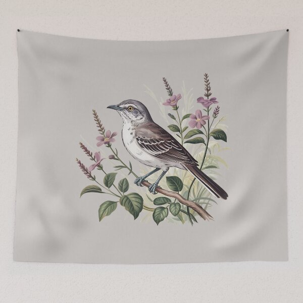 Item preview, Northern Mockingbird Among Pink Blooms designed and sold by BirdsnStuff.