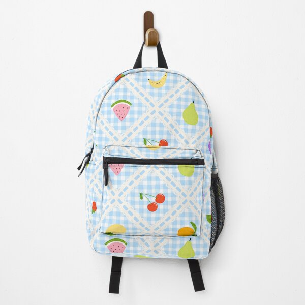 Item preview, Hand Drawn Fruits Patchwork Pattern on Blue Gingham with Ribbon Lace  designed and sold by FloralMural.