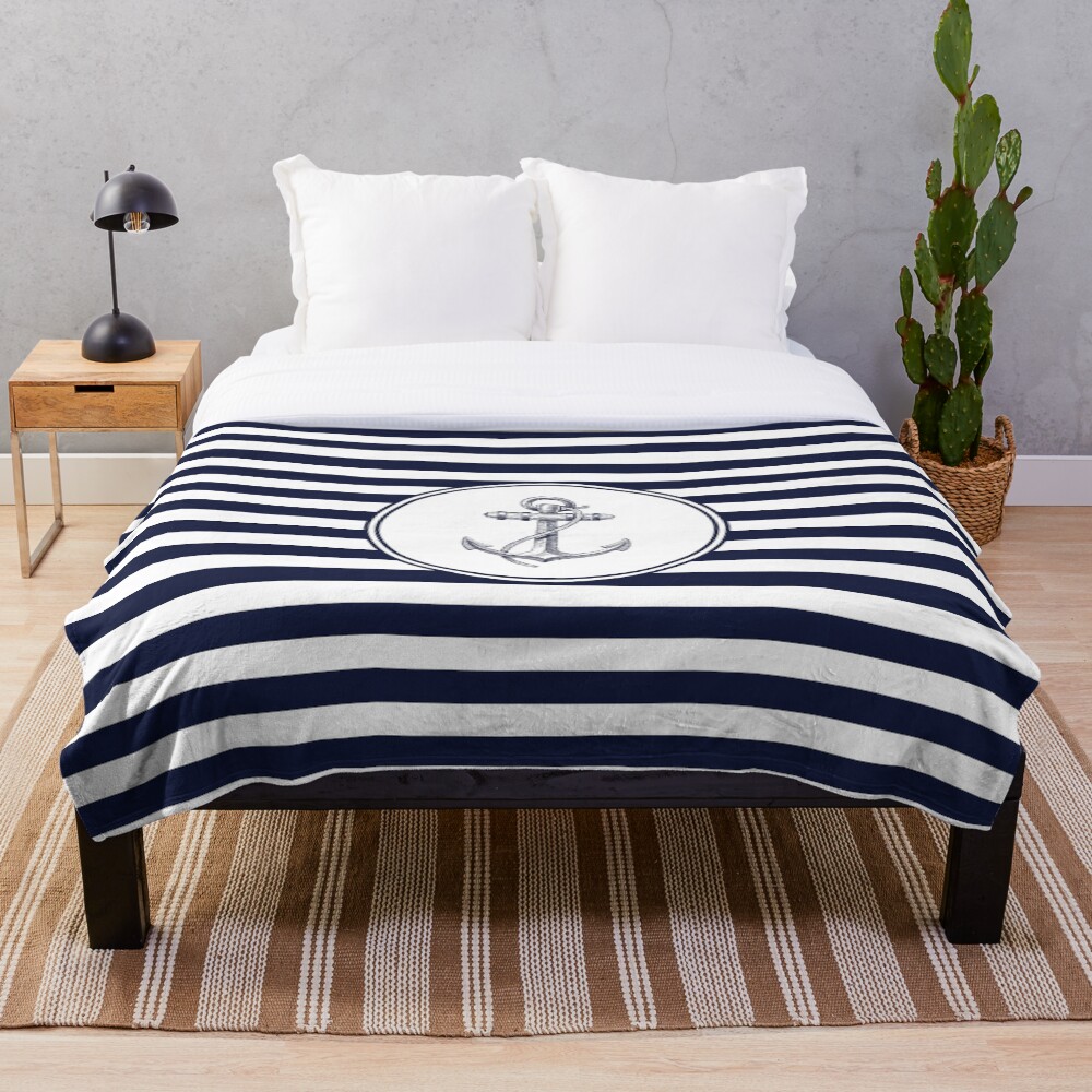 Anchor and Navy Blue Stripes Throw Blanket