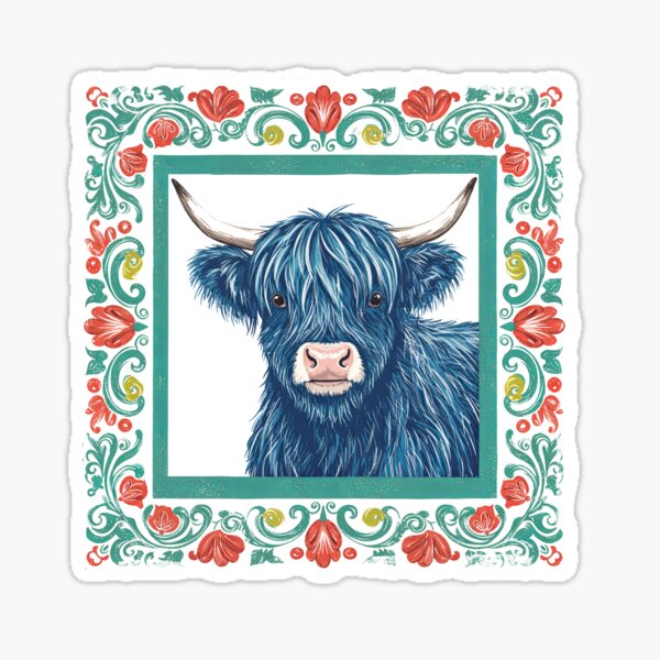 Item preview,  Blue Highland Cow with Folk    Flowers   designed and sold by Designbyhy.