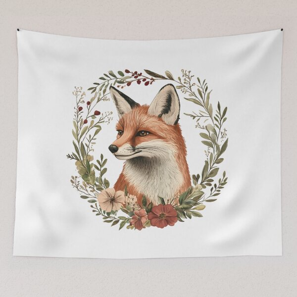 Item preview, Woodland Fox Portrait in Floral Wreath - Forest Animal Botanical Illustration Art Print designed and sold by Kollibri.