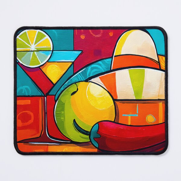 Item preview, Cinco de Mayo Cocktail with Lime Sombrero Chili Pepper and Fruit in a Bright Geometric Fiesta Scene Abstract Digital AI Art designed and sold by OlfactoART Studio.