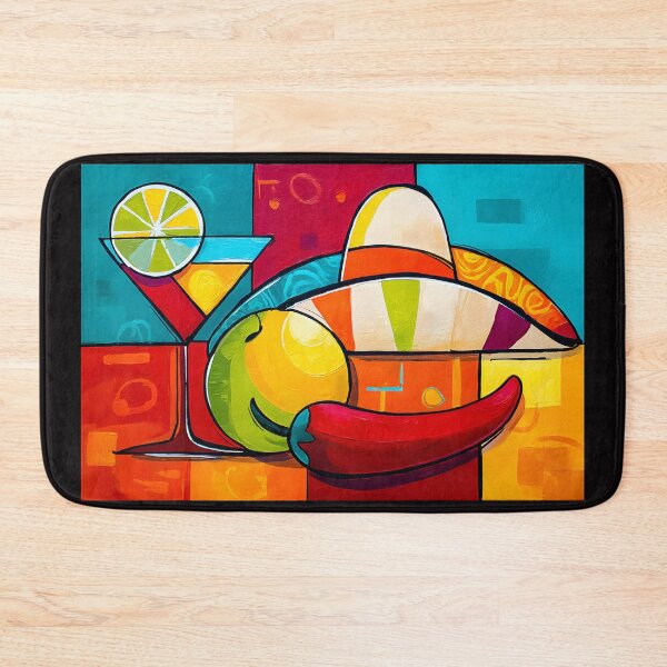 Item preview, Cinco de Mayo Cocktail with Lime Sombrero Chili Pepper and Fruit in a Bright Geometric Fiesta Scene Abstract Digital AI Art designed and sold by OlfactoART Studio.